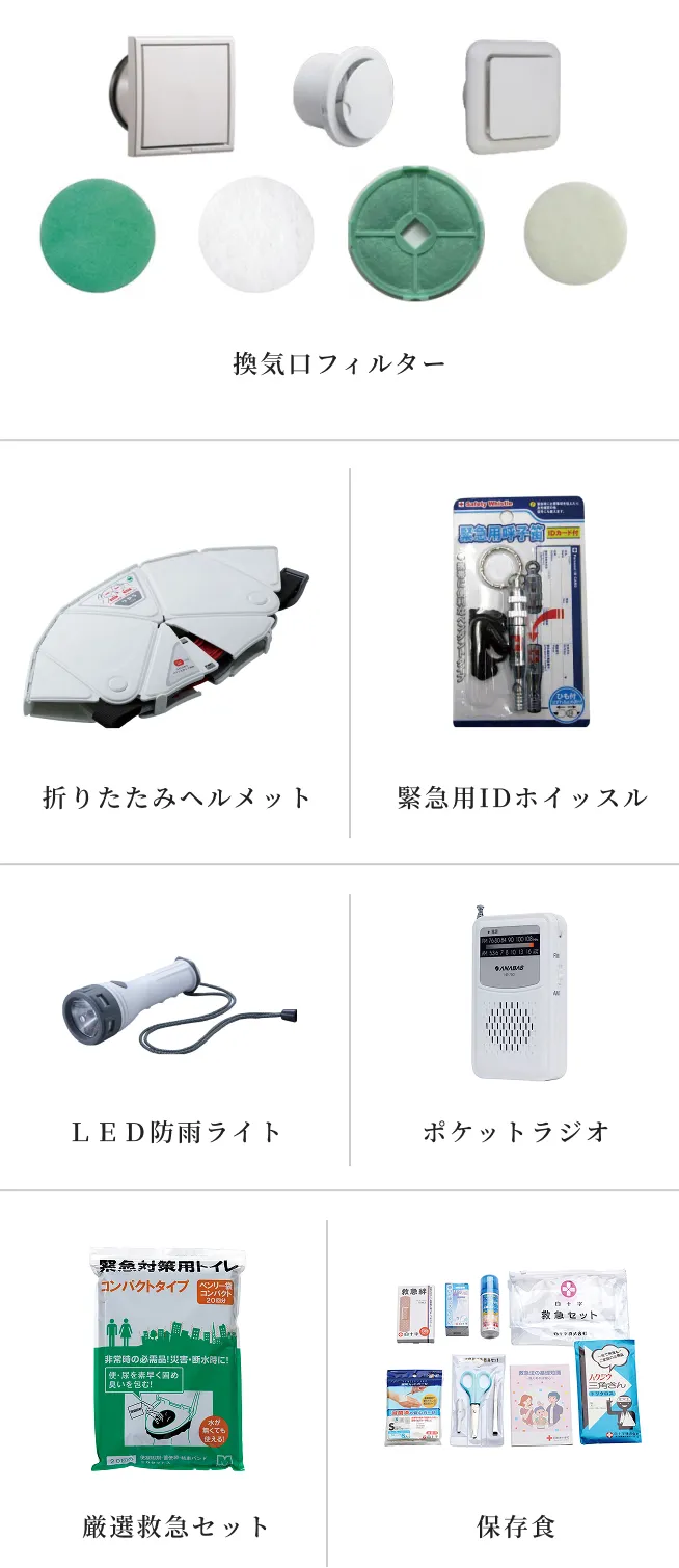 換気口フィルター LED防雨ライト 折りたたみヘルメット 緊急用IDホイッスル ポケットラジオ 緊急対策用トイレ 厳選救急セット 保存食